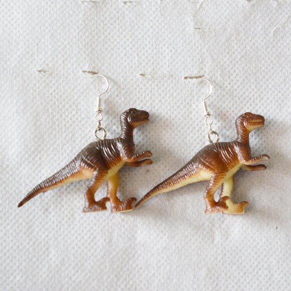 Brown T-Rex Dinosaur Statement Earrings - Picture 1 of 5